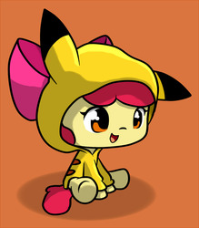 Size: 1050x1200 | Tagged: safe, artist:arielsbx, apple bloom, pikachu, pony, g4, adorabloom, clothes, cosplay, costume, crossover, cute, female, filly, hoodie, ikue otani, japanese, open mouth, orange background, pikabloom, pokémon, simple background, sitting, solo, voice actor joke
