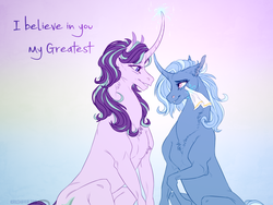 Size: 1024x768 | Tagged: safe, artist:dementra369, starlight glimmer, trixie, pony, unicorn, g4, comforting, curved horn, eye contact, female, hoers, horn, lesbian, looking at each other, magic, mare, ship:startrix, shipping, smiling