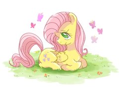 Size: 965x706 | Tagged: safe, artist:nota_mano, fluttershy, butterfly, pegasus, pony, g4, cute, female, folded wings, grass, lying down, mare, prone, solo, turned head, wings
