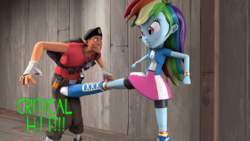 Size: 1920x1080 | Tagged: safe, artist:fd-daylight, rainbow dash, human, equestria girls, g4, 3d, boots, critical hit, crossover, groin attack, high heel boots, oh there's my ball, retaliation, rule number 3, rule number three, scout (tf2), scunt, shoes, source filmmaker, team fortress 2, you asked for it