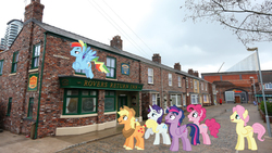 Size: 3500x1969 | Tagged: safe, artist:trotsworth, applejack, fluttershy, pinkie pie, rainbow dash, rarity, twilight sparkle, alicorn, pony, g4, applejack (male), british, bubble berry, butterscotch, cinema, coronation street, corrie, crossed arms, culture, dusk shine, elusive, excited, irl, male six, manchester, mane six, photo, ponies in real life, questioning, rainbow blitz, rule 63, twilight sparkle (alicorn)