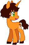 Size: 95x145 | Tagged: safe, artist:atlantropa, oc, oc only, pony, unicorn, brown, brown hair, brown mane, cloven hooves, coffee, curls, curly hair, curly mane, curly tail, food, head turned, hooves, horn, long horn, looking back, male, orange, ponysona, simple background, smiling, solo, stallion, transparent background, turned head