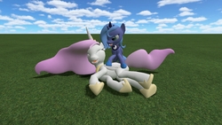 Size: 1366x768 | Tagged: safe, artist:blackarmsgeneral, princess celestia, princess luna, pony, g4, .zip file at source, 3d, 3d model, cewestia, downloadable, female, filly, gmod, younger
