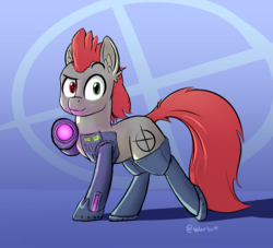 Size: 2200x2000 | Tagged: safe, artist:solarbutt, oc, oc only, oc:cyan steel, cyborg, earth pony, pony, aiming, aiming at you, high res, male, plasma gun, solo, stallion