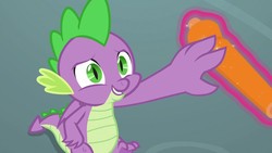 Size: 1280x720 | Tagged: safe, screencap, spike, dragon, g4, uprooted, claws, highlighter, magic, magic aura, male, misleading thumbnail, out of context, school of friendship, smiling, solo, tail, winged spike, wings