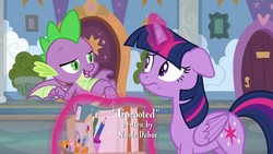 Size: 1280x720 | Tagged: safe, screencap, spike, twilight sparkle, alicorn, dragon, pony, g4, uprooted, claws, duo, female, glowing horn, horn, male, mare, school of friendship, smiling, twilight sparkle (alicorn), winged spike, wings