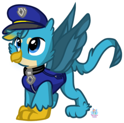 Size: 1038x1025 | Tagged: safe, artist:rainbow eevee, gallus, griffon, g4, chase (paw patrol), clothes, collar, crossover, cute, gallabetes, hat, male, paw patrol, solo, wings