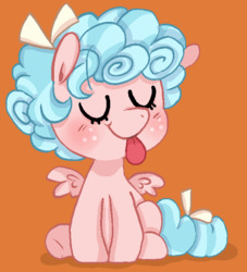 Size: 592x652 | Tagged: safe, artist:pinkiespresent, cozy glow, pegasus, pony, g4, :p, cozybetes, cute, eyes closed, female, filly, orange background, silly, simple background, sitting, solo, tongue out