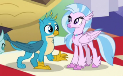 Size: 378x236 | Tagged: safe, screencap, gallus, ocellus, silverstream, classical hippogriff, griffon, hippogriff, g4, uprooted, cropped, dream, duo focus, female, male, raised claw