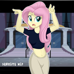 Size: 1024x1024 | Tagged: safe, artist:danielitamlp, fluttershy, equestria girls, g4, arms in the air, belly button, breasts, canterlot high, clothes, female, midriff, open mouth, pants, shirt, short sleeves, solo