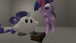 Size: 1024x576 | Tagged: safe, artist:navybr0wnie, rarity, twilight sparkle, alicorn, pony, puffball, g4, 3d, angry, book, crossover, kirby, kirby (series), kirby rarity, kirbyfied, rarity is not amused, source filmmaker, spellbook, transformation, twilight sparkle (alicorn), unamused