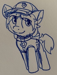 Size: 2006x2613 | Tagged: safe, artist:rainbow eevee, sandbar, pony, g4, cap, clothes, collar, cute, hat, high res, ink drawing, lineart, looking at you, male, monochrome, paw patrol, sandabetes, simple background, solo, traditional art