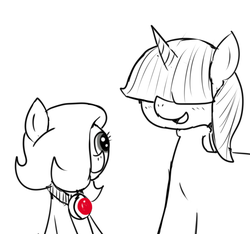 Size: 640x600 | Tagged: safe, artist:ficficponyfic, oc, oc only, oc:emerald jewel, oc:sensoria, earth pony, pony, unicorn, colt quest, adult, amulet, blind, blushing, child, colt, cyoa, female, femboy, hair over eyes, hair over one eye, horn, jewelry, male, mare, monochrome, smiling, story included
