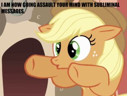 Size: 659x501 | Tagged: source needed, safe, edit, edited screencap, editor:undeadponysoldier, screencap, applejack, earth pony, pony, g4, look before you sleep, season 1, cropped, female, funny, gary takes a bath, golden oaks library, meme, oooooh, reference, solo, spongebob squarepants