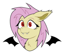Size: 900x784 | Tagged: safe, artist:onionpwder, fluttershy, bat pony, pony, g4, bat ponified, bust, chest fluff, cute, ear fluff, fangs, female, floating wings, flutterbat, portrait, race swap, shyabates, shyabetes, simple background, solo, transparent background, wings