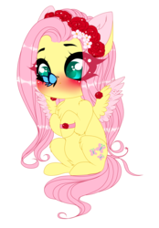 Size: 2297x3297 | Tagged: safe, artist:thilisma, fluttershy, butterfly, pegasus, pony, g4, blushing, bracelet, butterfly on nose, chest fluff, colored ears, colored pupils, cute, eye clipping through hair, female, flower, flower in hair, fluffershy, heart eyes, high res, insect on nose, jewelry, leg fluff, rose, shyabetes, sitting, solo, spread wings, two toned wings, wingding eyes, wings
