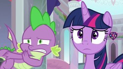 Size: 1280x718 | Tagged: safe, screencap, spike, twilight sparkle, alicorn, dragon, pony, g4, uprooted, claws, duo, female, male, mare, school of friendship, twilight sparkle (alicorn), winged spike, wings