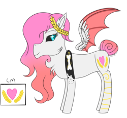 Size: 1160x1079 | Tagged: safe, artist:rose-blade, oc, oc only, oc:aphrodite (ice1517), angel, angel pony, demon, demon pony, hybrid, original species, pony, black sclera, bone, chest fluff, colored sclera, ear fluff, female, floral head wreath, flower, mare, markings, simple background, solo, transparent background