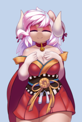 Size: 2480x3700 | Tagged: safe, alternate version, artist:iloota, oc, oc only, oc:champagne supernova, original species, anthro, ^^, bell, bell collar, big breasts, breasts, cleavage, clothed version, collar, eyes closed, female, freckles, hair beads, high res, horns, long mane, long tail, smiling, solo, squint