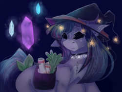 Size: 1024x768 | Tagged: safe, artist:akiiichaos, oc, oc only, oc:quartz, earth pony, pony, female, hat, mare, saddle bag, scroll, solo, witch hat