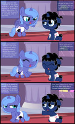 Size: 1600x2629 | Tagged: safe, artist:evilfrenzy, princess luna, oc, oc:frenzy, pony, g4, age regression, baby, baby pony, baby talk, comic, cute, diaper, female, filly, foal, folded wings, fruna, lunabetes, ocbetes, speech impediment, wings, woona, younger