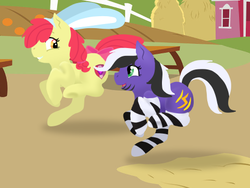 Size: 480x360 | Tagged: safe, artist:taylor huski, derpibooru exclusive, apple bloom, oc, oc:lightning stripe, pony, g4, barn, black and white mane, bow, bunny ears, clothes, gift art, green eyes, haystack, makeup, red mane, running, smiling, socks, striped socks, stripes, sweet apple acres, tail bow, two toned mane, yellow coat, yellow eyes