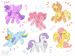 Size: 1280x946 | Tagged: safe, artist:hurricanesunny, applejack, fluttershy, pinkie pie, rainbow dash, rarity, twilight sparkle, alicorn, earth pony, pegasus, pony, unicorn, g4, cowboy hat, cute, eyes closed, female, hat, mane six, mare, open mouth, simple background, sketch, twilight sparkle (alicorn), white background