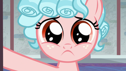 Size: 1280x720 | Tagged: safe, edit, edited screencap, screencap, cozy glow, pegasus, pony, g4, school raze, cozy glow is best facemaker, cozybetes, cute, door, female, filly, foal, frown, inverted mouth, looking at you, reaction image, sad, sadorable, solo, wide eyes