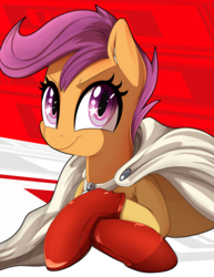 Size: 4250x5500 | Tagged: safe, artist:an-m, artist:coinpo, scootaloo, pegasus, pony, g4, cape, clothes, collaboration, cosplay, costume, crossed arms, cute, cutealoo, female, filly, leather gloves, looking at you, one punch man, prone, saitama, solo, starry eyes, wingding eyes