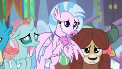 Size: 1920x1080 | Tagged: safe, screencap, gallus, ocellus, silverstream, yona, changedling, changeling, classical hippogriff, hippogriff, yak, g4, uprooted, bow, female, hair bow