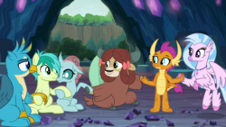 Size: 1920x1080 | Tagged: safe, screencap, gallus, ocellus, sandbar, silverstream, smolder, yona, changedling, changeling, classical hippogriff, dragon, earth pony, griffon, hippogriff, pony, yak, g4, uprooted, bow, cave of harmony, cloven hooves, dragoness, female, hair bow, male, student six