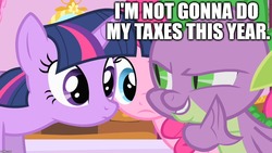 Size: 1280x720 | Tagged: safe, edit, edited screencap, screencap, pinkie pie, spike, twilight sparkle, dragon, pony, g4, green isn't your color, bad idea, caption, evil smile, female, grin, image macro, imminent audit, male, mare, smiling, tax evasion, taxes, text, this will end in jail time, whispering