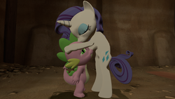 Size: 1366x768 | Tagged: safe, artist:rose-supreme, rarity, spike, dragon, pony, g4, 3d, bipedal, female, gmod, kiss on the head, kissing, male, ship:sparity, shipping, straight