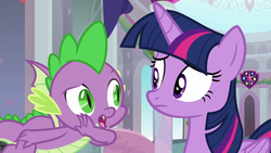 Size: 1280x720 | Tagged: safe, screencap, spike, twilight sparkle, alicorn, dragon, pony, g4, uprooted, claws, duo, female, male, mare, school of friendship, twilight sparkle (alicorn), winged spike, wings