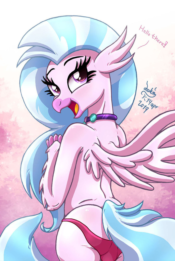 2012635 - artist:joakaha, silverstream, hippogriff, hippogriff, anthro, ass, butt, clothes, female, implied foalcon, looking nudity, panties, partial nudity, sexy, smiling, solo, solo female, streambutt, stupid ...