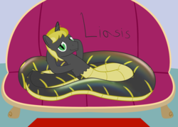 Size: 1400x1000 | Tagged: safe, artist:mightyshockwave, oc, oc:liasis, lamia, original species, pony, snake pony, unicorn, couch, male, slit pupils, stallion