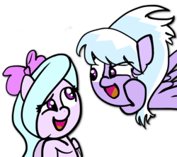 Size: 811x721 | Tagged: safe, artist:nintendoes, cloudchaser, flitter, pony, g4, bow, cute, cutechaser, duo, eye clipping through hair, female, flitterbetes, hair bow, open mouth, simple background, sisters, transparent background