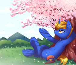 Size: 2800x2400 | Tagged: safe, artist:maren, oc, oc only, oc:rising dusk, pony, unicorn, commission, high res, male, smiling, solo, stallion, tree
