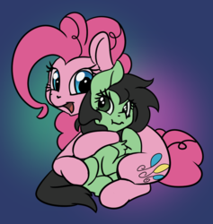 Size: 864x912 | Tagged: safe, artist:lockhe4rt, pinkie pie, oc, oc:filly anon, earth pony, pony, g4, chest fluff, female, filly, hug, scrunchy face, simple background, sitting, smiling
