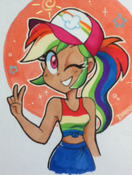 Size: 720x960 | Tagged: safe, artist:darkynez, rainbow dash, human, g4, cap, colored pupils, cute, dark skin, dashabetes, female, front knot midriff, hat, humanized, midriff, one eye closed, peace sign, smiling, solo, traditional art, wink