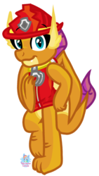 Size: 566x1001 | Tagged: safe, artist:rainbow eevee, smolder, dragon, g4, clothes, dragoness, eyebrows, female, hat, looking at you, marshall, marshall (paw patrol), paw patrol, simple background, smiling, smiling at you, solo, transparent background, water tank, wings