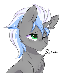 Size: 2356x2732 | Tagged: safe, artist:pesty_skillengton, oc, oc only, oc:icy trail, pony, unicorn, bust, cute, dialogue, green eyes, high res, looking up, one eye closed, one word, portrait, simple background, solo, sorry, white background