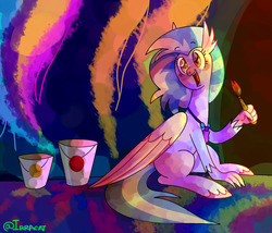 Size: 1280x1097 | Tagged: safe, artist:1racat, silverstream, classical hippogriff, hippogriff, g4, uprooted, cute, diastreamies, female, open mouth, paint, paint bucket, paintbrush, scene interpretation, solo