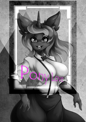 Size: 1867x2634 | Tagged: safe, artist:azurainalis, princess luna, anthro, g4, breasts, busty princess luna, clothes, female, horns, looking at you, monochrome, open mouth, plastic love, smiling, solo, starry eyes, wingding eyes