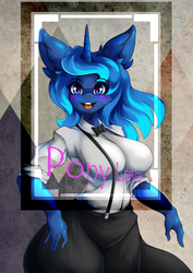 Size: 1867x2634 | Tagged: safe, alternate version, artist:azurainalis, princess luna, anthro, g4, breasts, busty princess luna, clothes, female, horns, looking at you, open mouth, plastic love, smiling, solo, starry eyes, wingding eyes