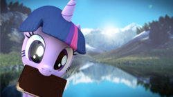 Size: 1920x1080 | Tagged: safe, artist:chocokumiko, twilight sparkle, pony, g4, 3d, book, female, mouth hold, solo, source filmmaker, that pony sure does love books, vulgar description