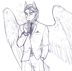 Size: 2584x2550 | Tagged: safe, artist:askbubblelee, oc, oc only, oc:smokescreen, pegasus, anthro, cigarette, clothes, freckles, high res, male, monochrome, necktie, simple background, sketch, smoking, solo, stallion, suit, white background, wing freckles