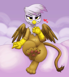 Size: 4274x4805 | Tagged: safe, artist:pabbley, gilda, griffon, g4, belly button, cloud, female, gildere, heart, on a cloud, paw pads, paws, solo, toe beans, tsundere, underpaw