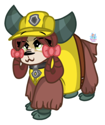 Size: 852x1013 | Tagged: safe, artist:rainbow eevee, yona, yak, g4, bow, clothes, cloven hooves, collar, female, hair bow, hard hat, looking up, monkey swings, paw patrol, rubble (paw patrol), simple background, solo, transparent background