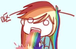Size: 800x520 | Tagged: safe, artist:dez, rainbow dash, human, g4, chinese, chinese character, female, humanized, looking at you, puking rainbows, solo, vomiting